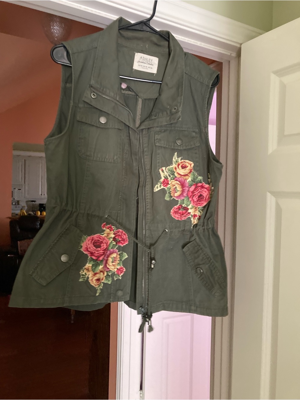Ashley By 26 International Olive Green Jacket with Pink and Yellow Rose Accents